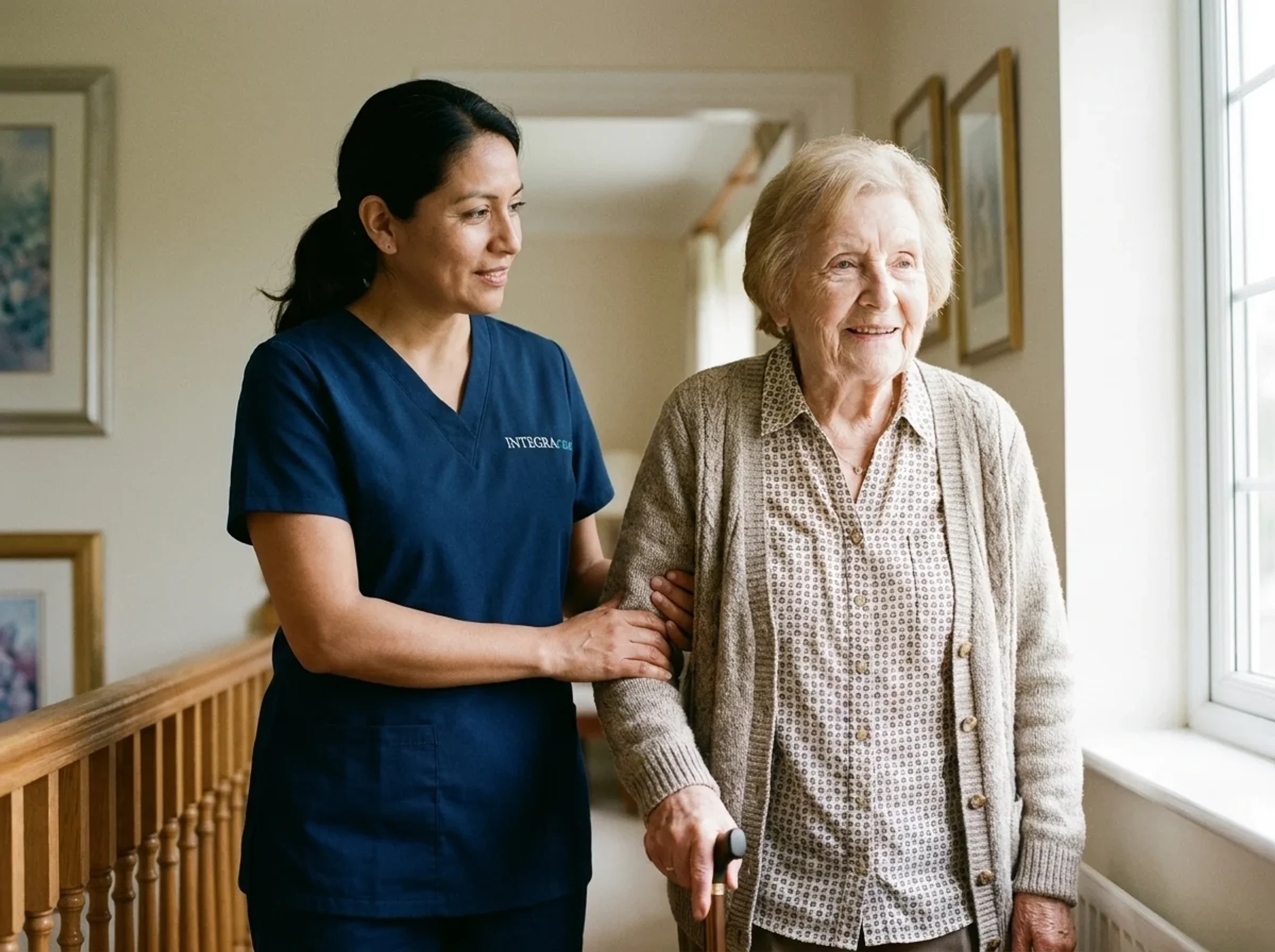 Guardian caregiver walking with a client in a hallway